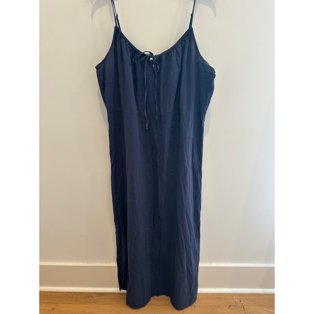 Old Navy Cami Maxi Dress XL Tall Navy Blue Cotton Viscose Side Slit Tie Neck